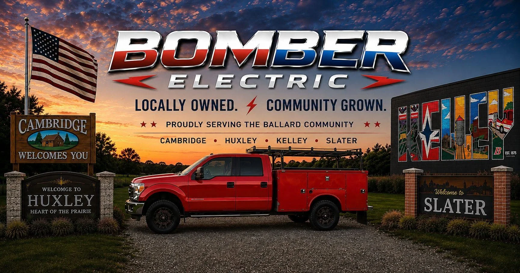 Bomber Electric service truck serving Central Iowa communities