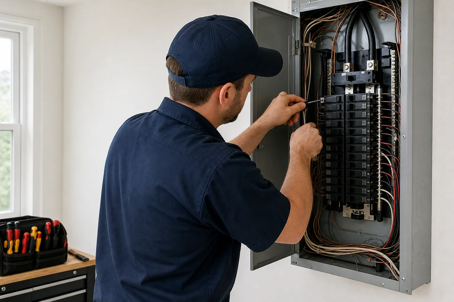 Electrician working carefully inside an electrical panel